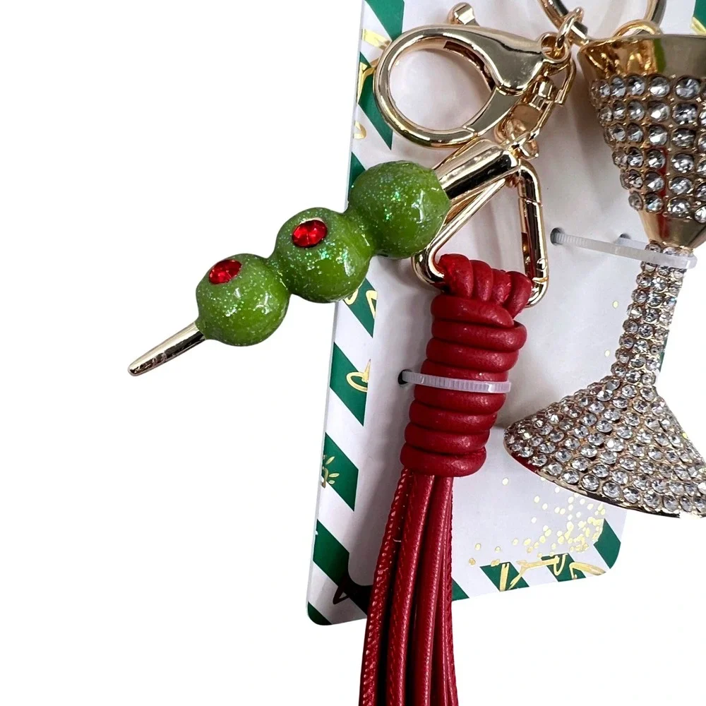Piper K Martini Glass Olive‎ Bag Charm Keychain Rhinestone Cocktail Tassel NWT